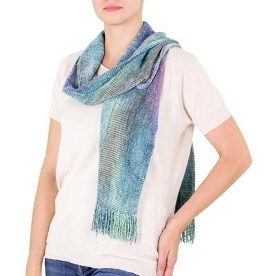 Alternate image for Handwoven Mint and Aqua Rayon Chenille Scarf from Guatemala Enchanted Sky
