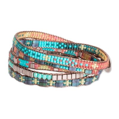 Alternate image for Handmade Green and Turquoise Glass Beaded Wrap Bracelet Turquoise Lagoon