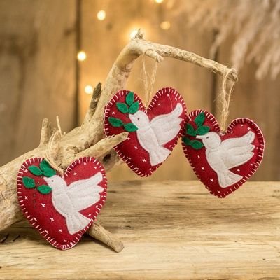 Alternate image for Set of 6 Handmade Felt Heart Ornaments with Doves Love Doves