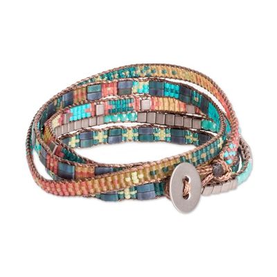 Alternate image for Handmade Green and Turquoise Glass Beaded Wrap Bracelet Turquoise Lagoon