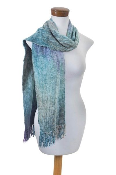 Alternate image for Handwoven Mint and Aqua Rayon Chenille Scarf from Guatemala Enchanted Sky
