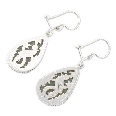 Alternate image for Unique Sterling Silver Jade Dangle Earrings Dark Green Sacred Quetzal