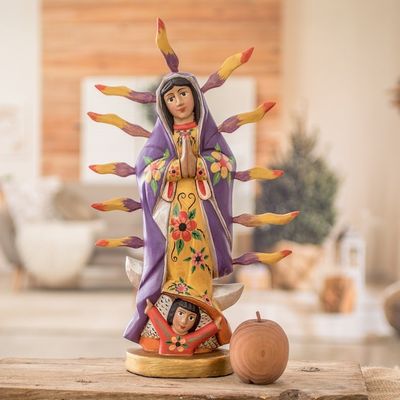 Alternate image for Handcrafted Floral Our Lady of Guadalupe Pinewood Sculpture Queen of Guadalupe