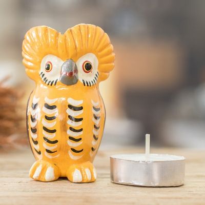 Alternate image for Handmade and Painted Ceramic Owl Figurine in Yellow Lively Tecolote