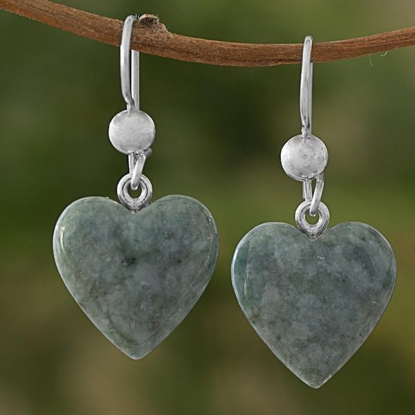 Alternate image for Green Heart Shaped Jade Silver Dangle Earrings Guatemala Mayan Heart in Green