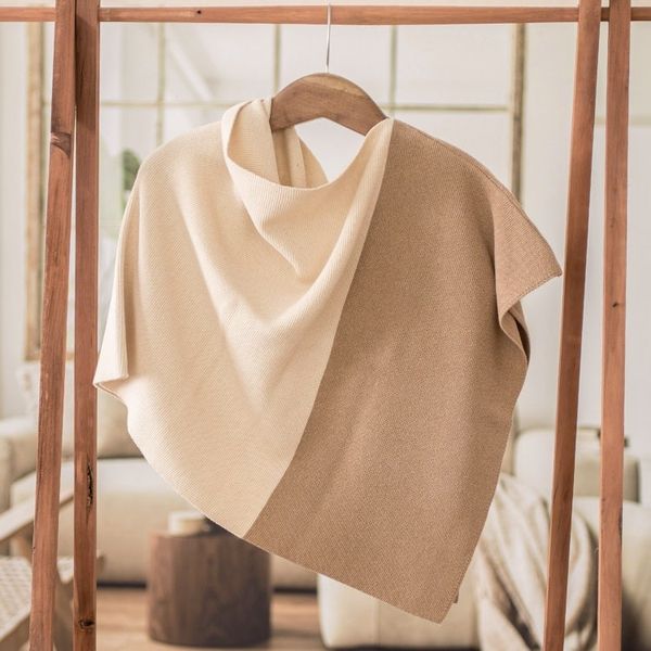 Alternate image for Handcrafted Ivory  Tan Cotton Poncho with Fold-Over Collar Antigua Sunrise