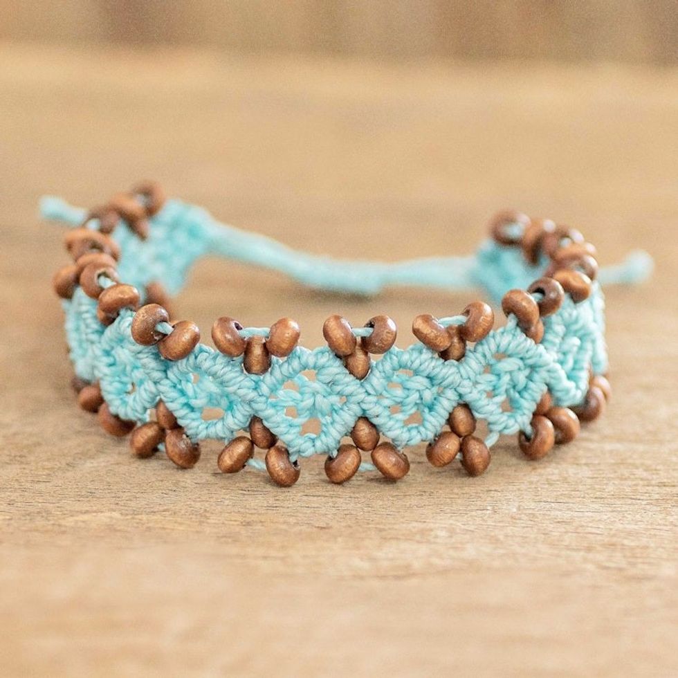 Pine Wood Beaded Rhomboid Macrame Bracelet in Light Blue 'Boats on the Sea'