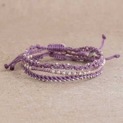 Alternate image for Lavender Macrame Bracelets with Silver Beads Set of 3 Lavender Lovelies