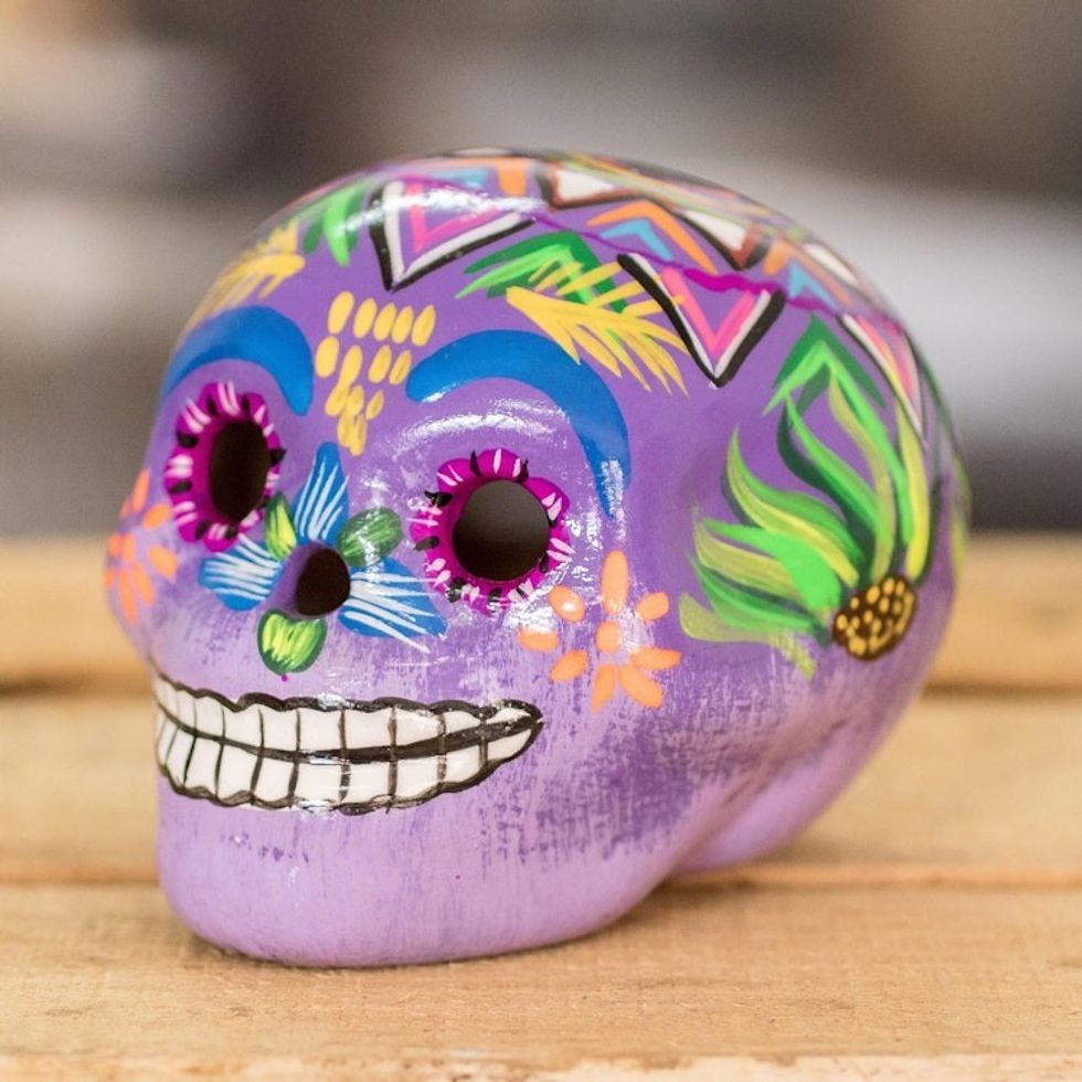 Handcrafted Multicolored Ceramic Figurine 'Festive Skull'