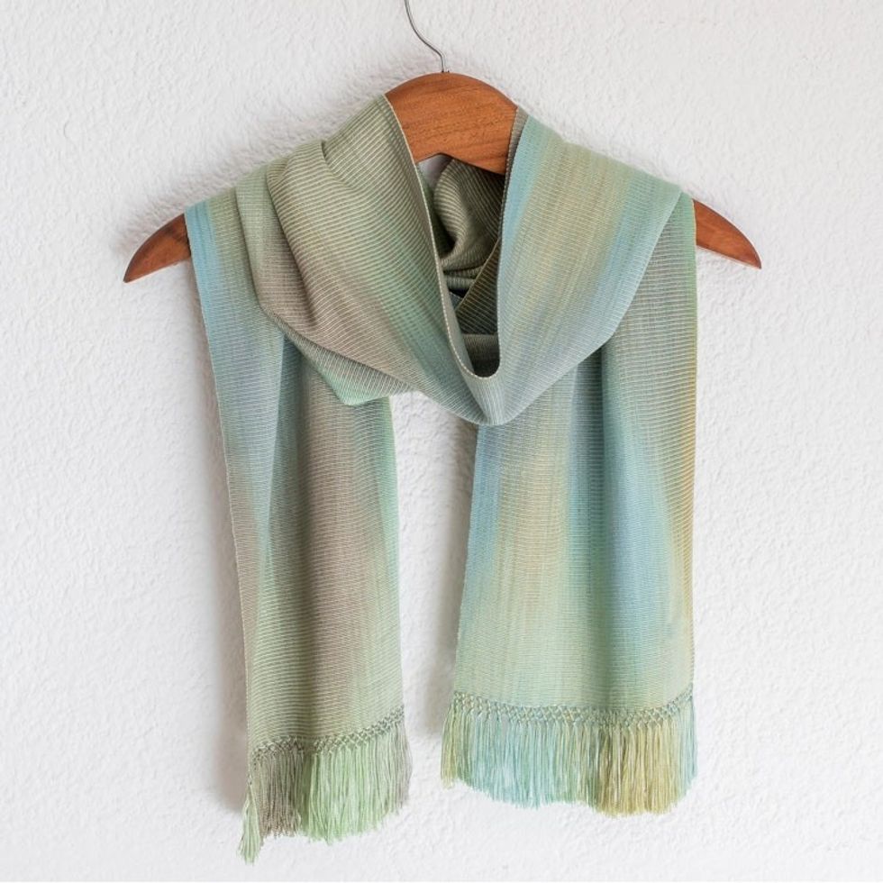 Hand Woven Pastel Blue Green Rayon Scarf 'Iridescent Mint Pastel'