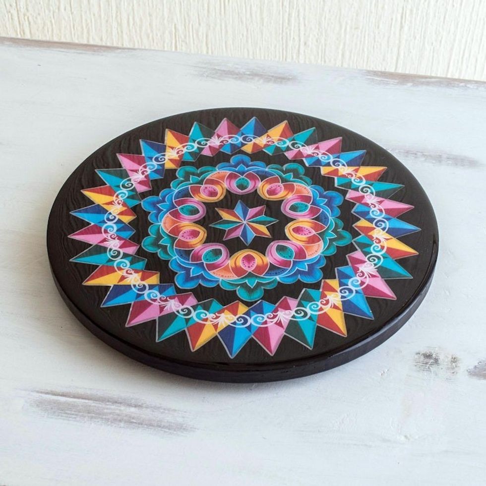 Artisan Crafted Round Wood Trivet 'Costa Rican Mandala in Black'