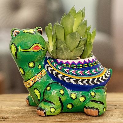 Alternate image for Hand-Painted Small Turtle Ceramic Flower Pot from Guatemala Mountain Turtle