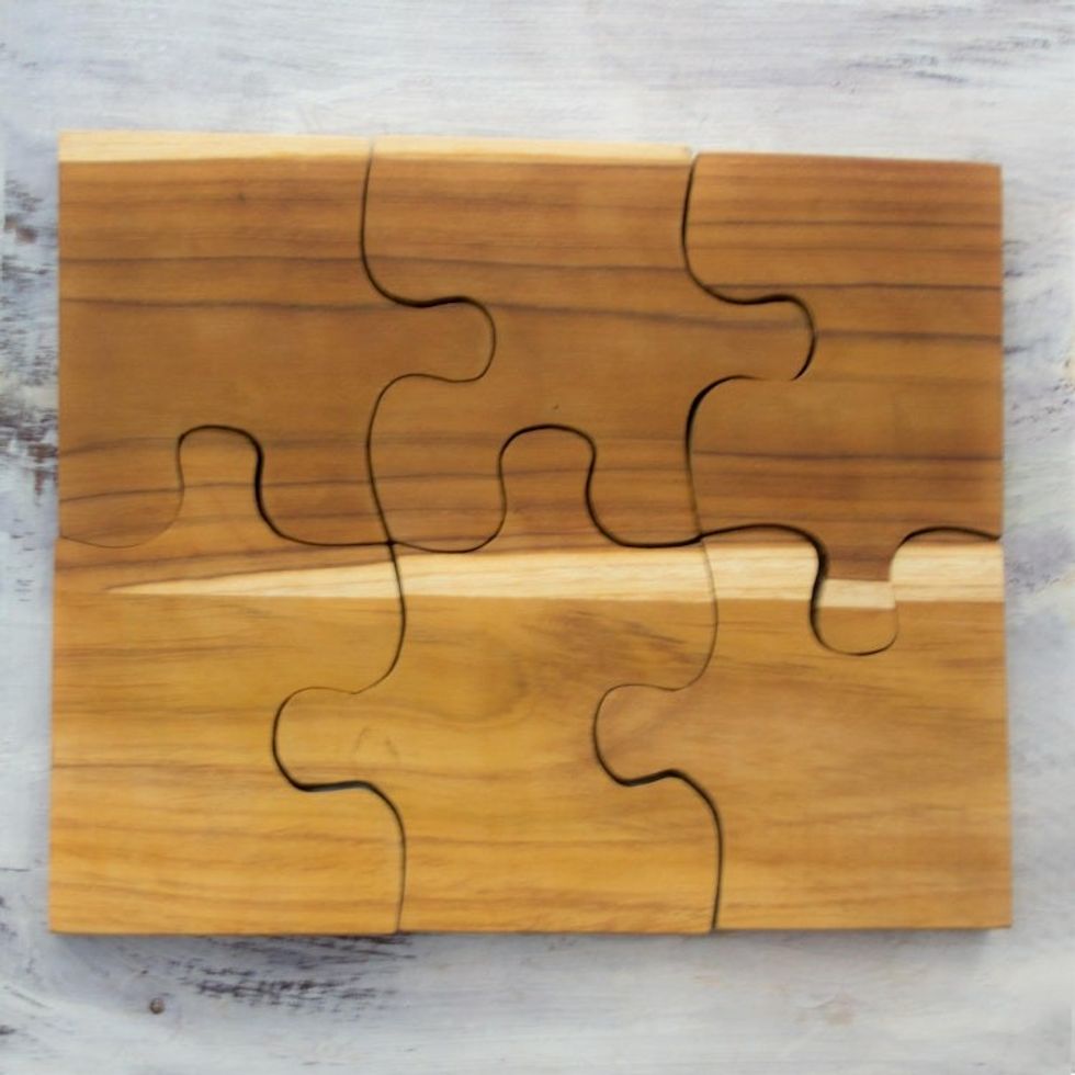 Six Interlocking Eco-Friendly Teak Wood Trivets 'Puzzle'