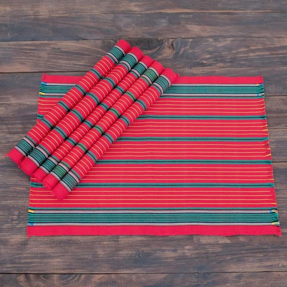 Handloomed Christmas Placemats Set of 6 'Red Christmas'