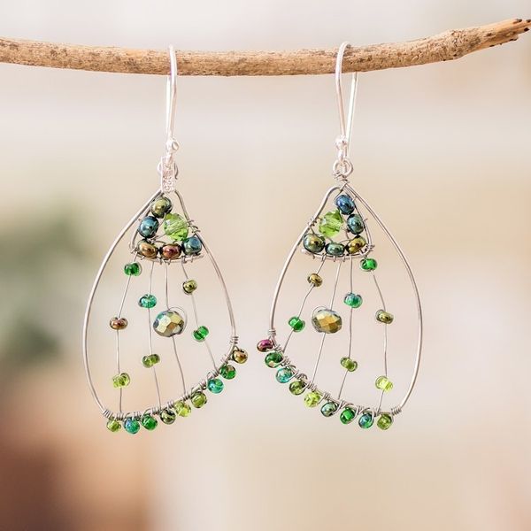 Alternate image for Green Crystal Glass Beaded Butterfly Wing Dangle Earrings Green Wings of Freedom