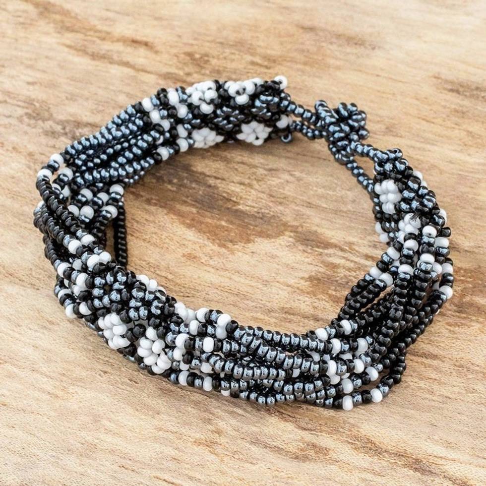 Black and Grey Beaded Bracelet 'Flower Harmony in Black'