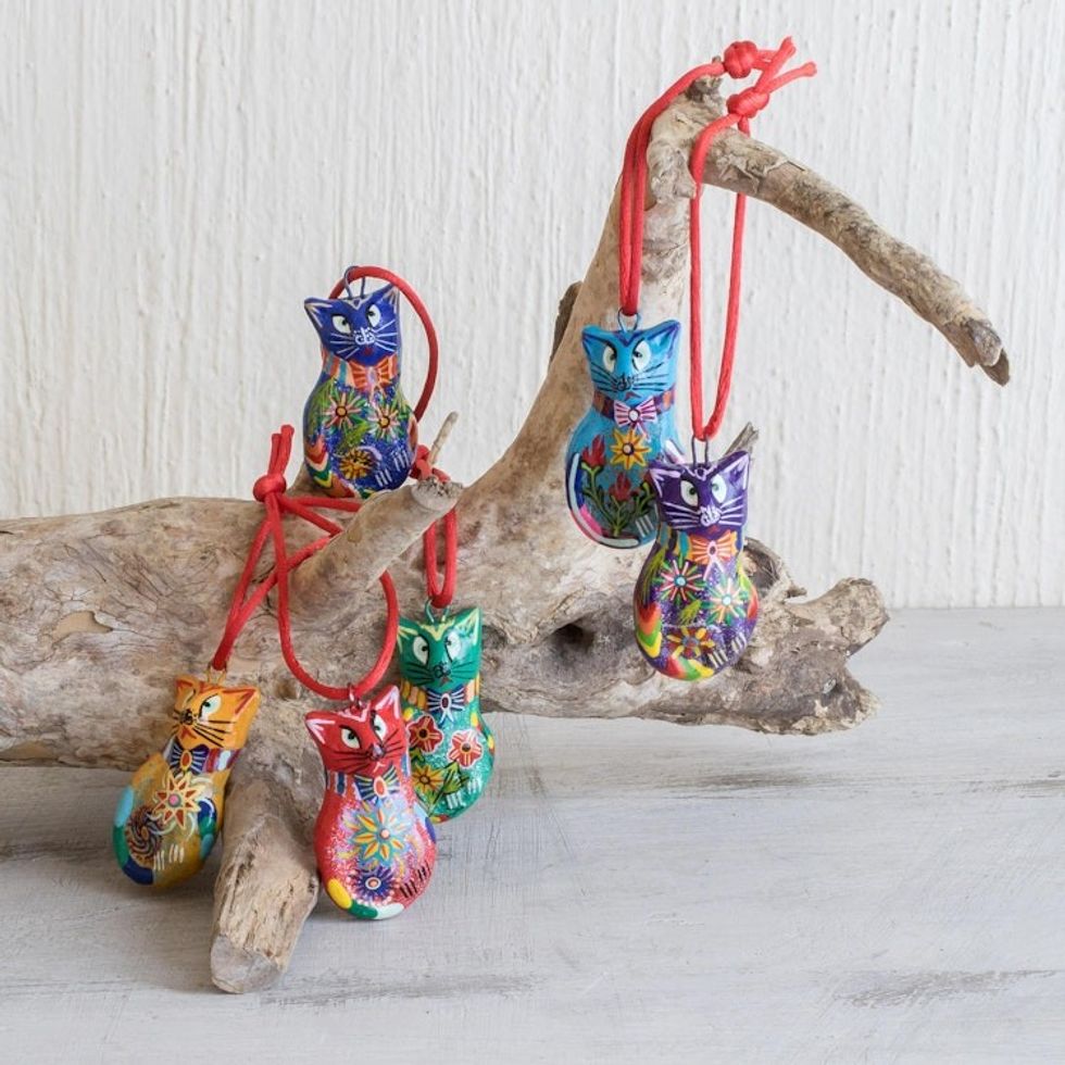 Festive Hand Painted Ceramic Cat Ornaments Set of 6 'Festive Cats'