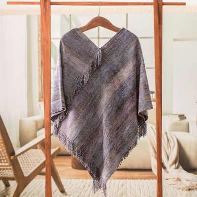 Alternate image for Handwoven Cotton Blend Poncho in Grey and Blue Hues Glamorous Lavender