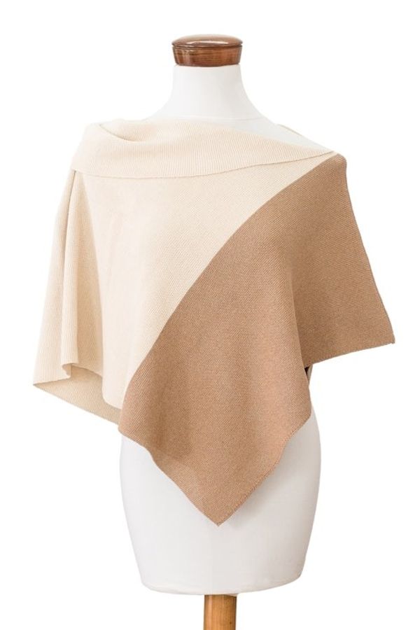 Alternate image for Handcrafted Ivory  Tan Cotton Poncho with Fold-Over Collar Antigua Sunrise