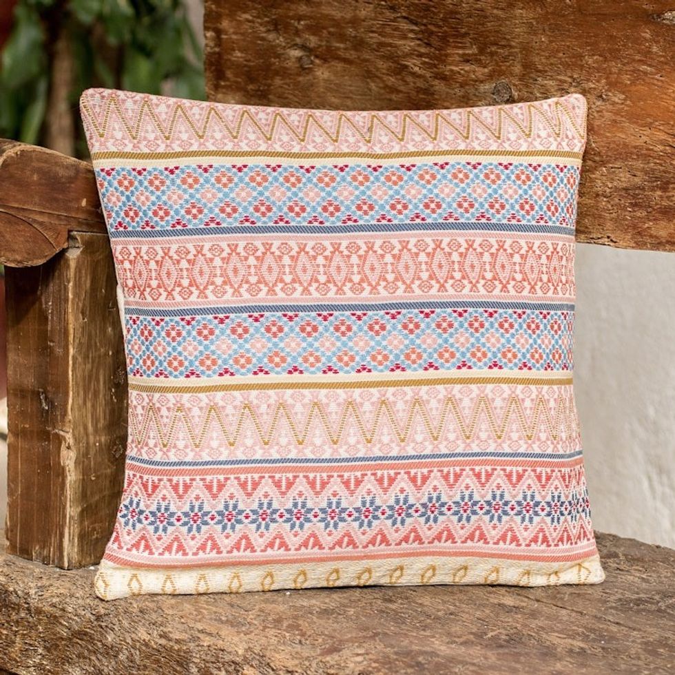 Handloomed Multicolor Cotton Cushion Cover from Guatemala 'Strawberry Inspiration'