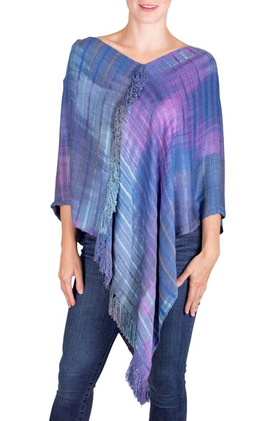 Blue and Purple Rayon Poncho from Guatemala 'Beautiful Horizon'