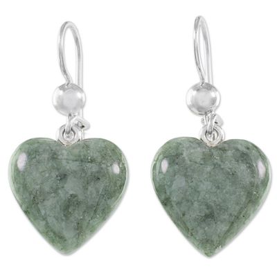 Alternate image for Green Heart Shaped Jade Silver Dangle Earrings Guatemala Mayan Heart in Green