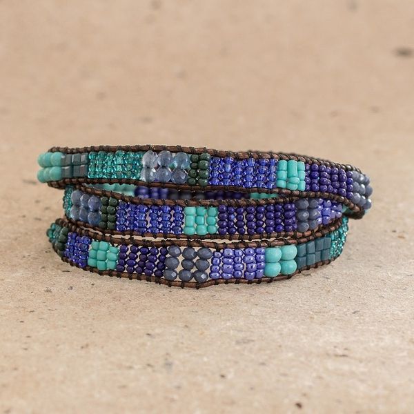 Alternate image for Blue and Sea Green Beaded Bracelet with Leather Trim Leather-Bound Sea