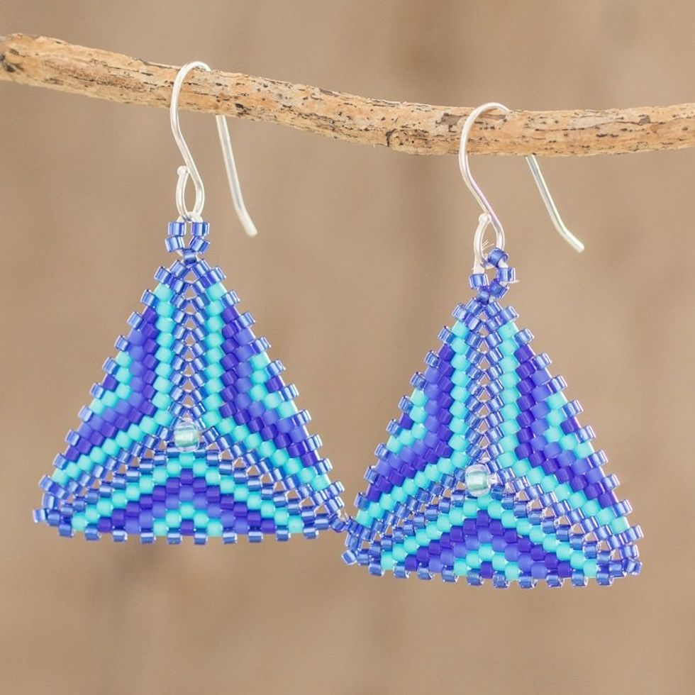 Triangular Glass Beaded Dangle Earrings in Blue 'Tribal Triangles'
