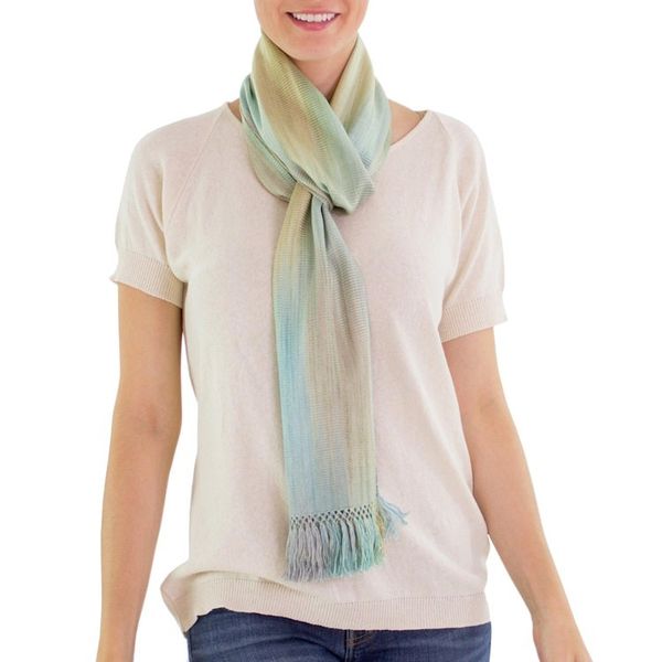 Alternate image for Hand Woven Pastel Blue Green Rayon Scarf Iridescent Mint Pastel