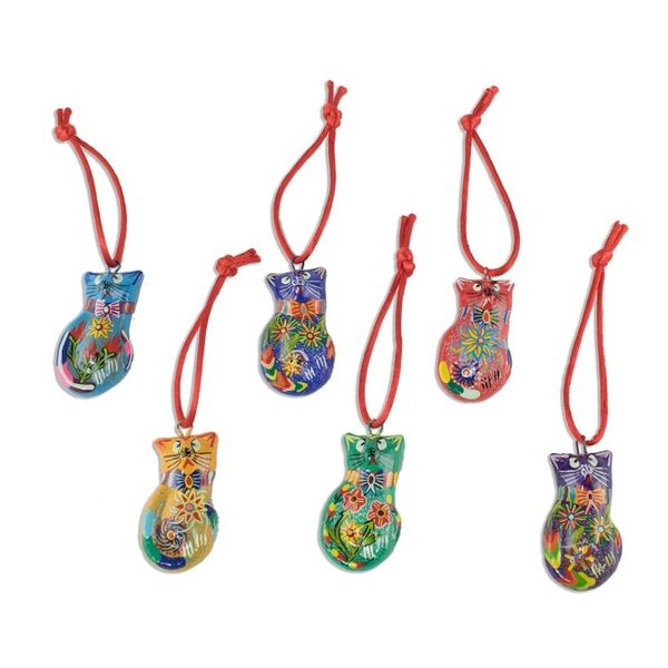 Alternate image for Festive Hand Painted Ceramic Cat Ornaments Set of 6 Festive Cats