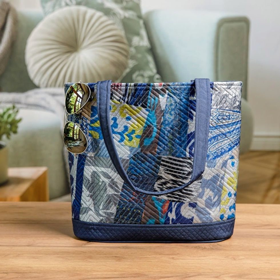 Blue-Toned Patchwork Ikat Tote Bag Crafted in Uzbekistan 'Blue Traditions'