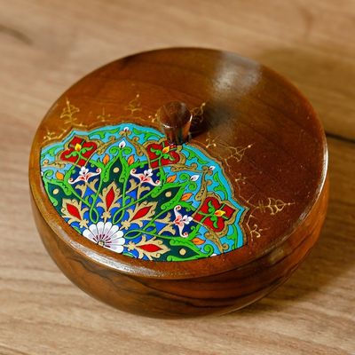 Alternate image for Painted Round Walnut Wood Jewelry Box with Floral Motifs Peacock Spirit