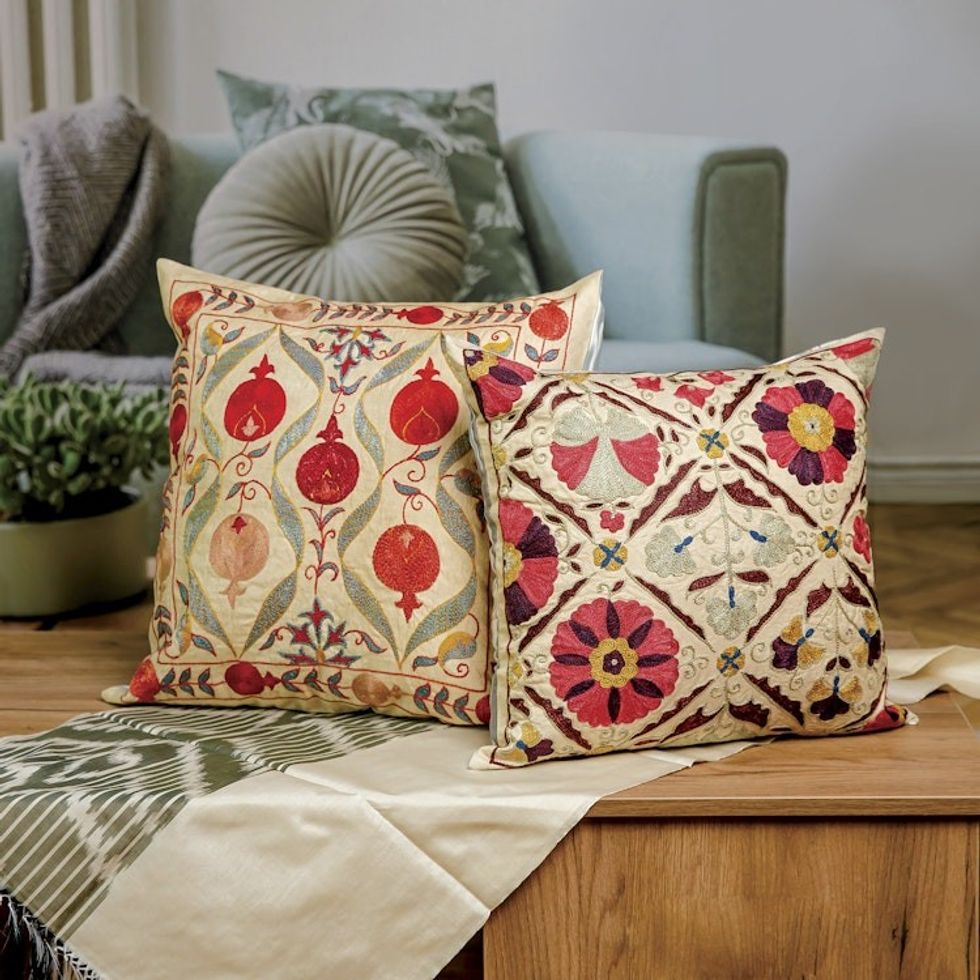 Embroidered Silk Blend Cushion Cover with Pomegranate Motifs 'Pomegranate Fortunes'