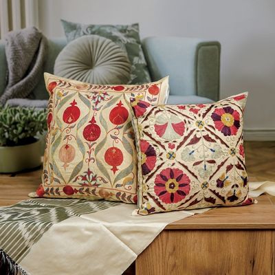 Alternate image for Embroidered Silk Blend Cushion Cover with Pomegranate Motifs Pomegranate Fortunes