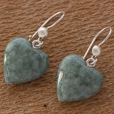 Alternate image for Green Heart Shaped Jade Silver Dangle Earrings Guatemala Mayan Heart in Green