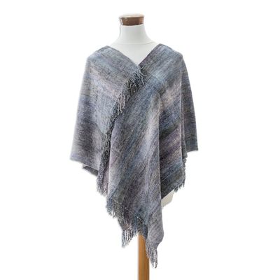Alternate image for Handwoven Cotton Blend Poncho in Grey and Blue Hues Glamorous Lavender