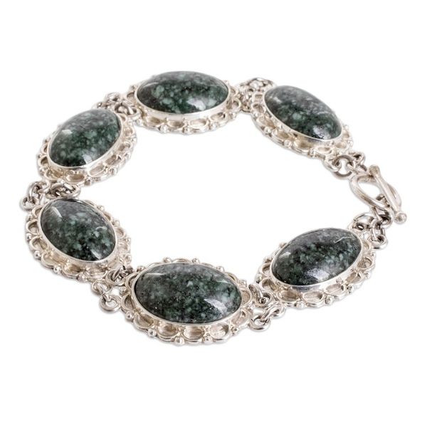 Alternate image for Sterling Silver Link Bracelet with Dark Green Jade Stones Maya Queen