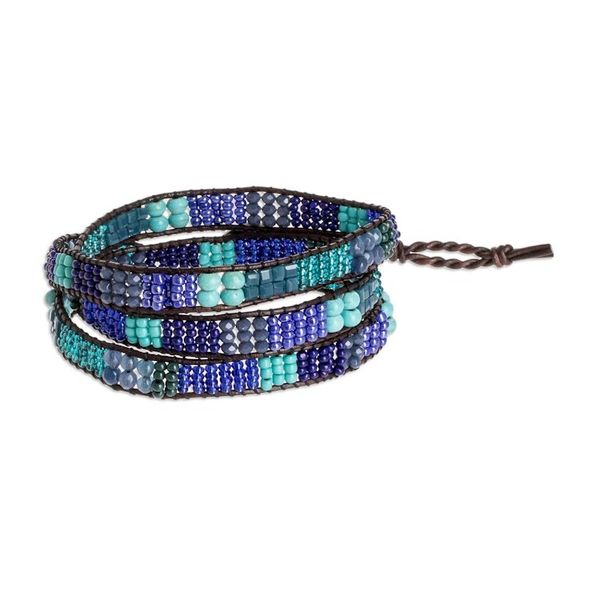 Alternate image for Blue and Sea Green Beaded Bracelet with Leather Trim Leather-Bound Sea