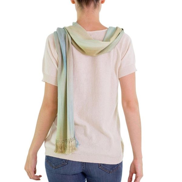 Alternate image for Hand Woven Pastel Blue Green Rayon Scarf Iridescent Mint Pastel