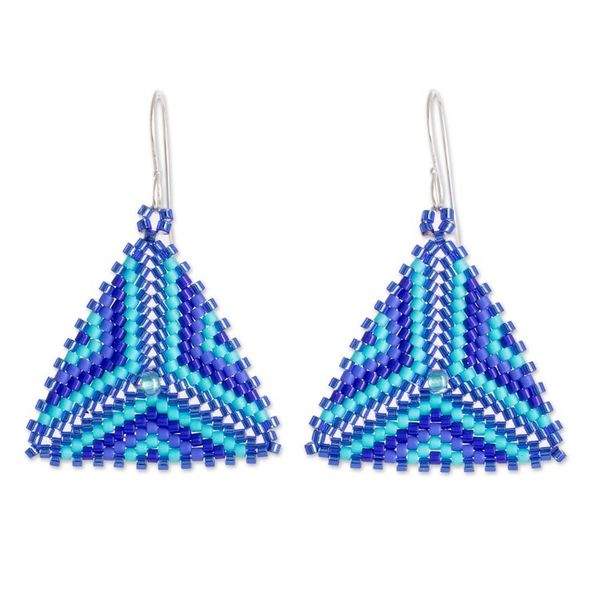 Alternate image for Triangular Glass Beaded Dangle Earrings in Blue Tribal Triangles