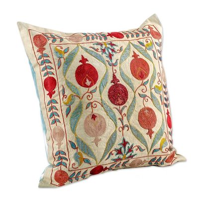 Alternate image for Embroidered Silk Blend Cushion Cover with Pomegranate Motifs Pomegranate Fortunes