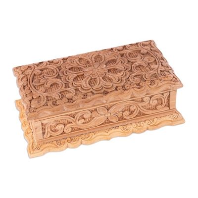 Alternate image for Hand-Carved Floral Natural Brown Elm Tree Wood Jewelry Box Secret Bouquet