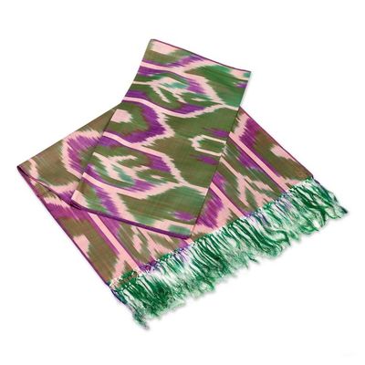 Alternate image for Handwoven Traditional Geometric Olive Silk Shawl Olive Oasis