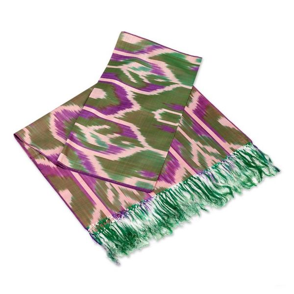 Alternate image for Handwoven Traditional Geometric Olive Silk Shawl Olive Oasis
