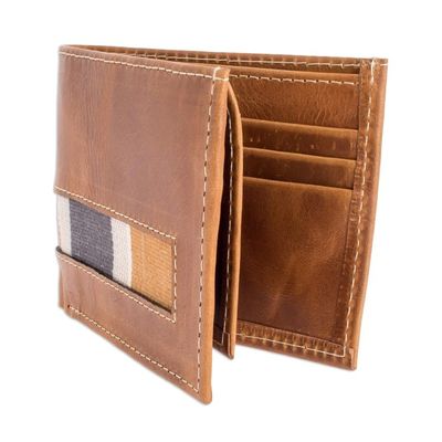 Alternate image for Bifold Wallet in Brown Leather and Cotton Guatemalan Honey