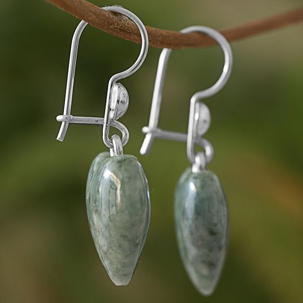 Alternate image for Green Heart Shaped Jade Silver Dangle Earrings Guatemala Mayan Heart in Green