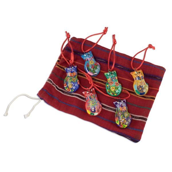 Alternate image for Festive Hand Painted Ceramic Cat Ornaments Set of 6 Festive Cats
