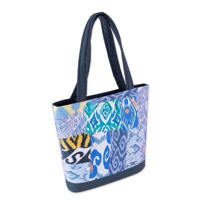 Alternate image for Blue-Toned Patchwork Ikat Tote Bag Crafted in Uzbekistan Blue Traditions