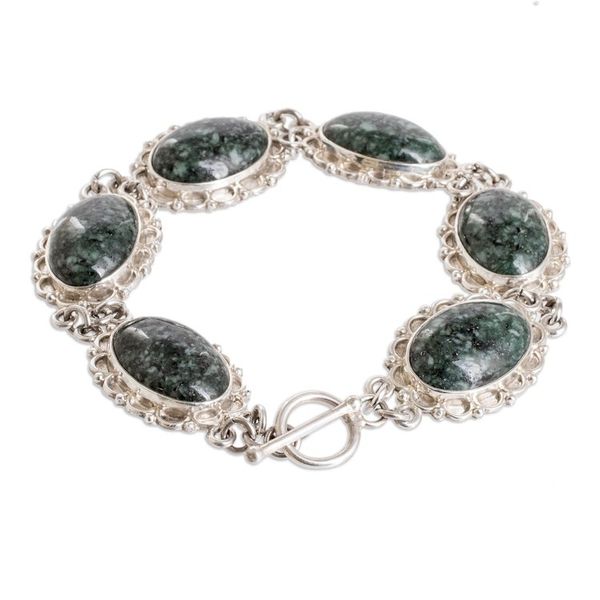 Alternate image for Sterling Silver Link Bracelet with Dark Green Jade Stones Maya Queen