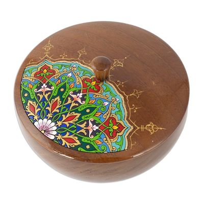 Alternate image for Painted Round Walnut Wood Jewelry Box with Floral Motifs Peacock Spirit